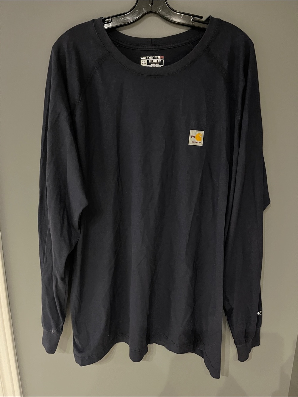FR Carhartt Long-Sleeve Crewneck Tee — Dark Navy with Yellow Logo Patch